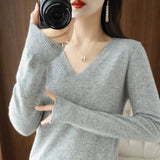 DERMEARNE Women's Warm V-neck Pullover, Knitted Sweater, Korean Fashion, Long-sleeved, Loose Thin Inner Top, Autumn and Winter, New