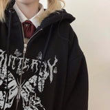 DERMEARNE Women's Y2K Retro Dark Gray молния бабочка с капюшон Sweatshirt 90s Harajuku Punk Gothic Zip Up Hoodie Long-sleeved Loose Jacket
