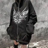 DERMEARNE Women's Y2K Retro Dark Gray молния бабочка с капюшон Sweatshirt 90s Harajuku Punk Gothic Zip Up Hoodie Long-sleeved Loose Jacket