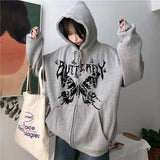 DERMEARNE Women's Y2K Retro Dark Gray молния бабочка с капюшон Sweatshirt 90s Harajuku Punk Gothic Zip Up Hoodie Long-sleeved Loose Jacket