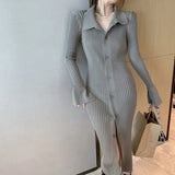 DERMEARNE Women sexy knit V-neck reverse neck split dress autumn winter full sleeve elastic basic body sweater E1694