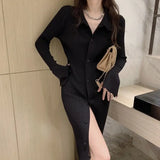 DERMEARNE Women sexy knit V-neck reverse neck split dress autumn winter full sleeve elastic basic body sweater E1694