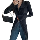 DERMEARNE Women sexy knit V-neck reverse neck split dress autumn winter full sleeve elastic basic body sweater E1694