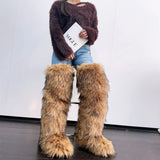 DERMEARNE Womens Faux Mongolian Thigh Highs Faux Fur Boots Winter Warm With Fur Inside