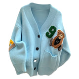 DERMEARNE Womens Long Sleeve Knitted Cardigan Solid Color Cartoon Outfits Button Down V-neck Loose Sweater Coat