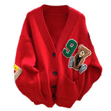 DERMEARNE Womens Long Sleeve Knitted Cardigan Solid Color Cartoon Outfits Button Down V-neck Loose Sweater Coat