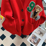 DERMEARNE Womens Long Sleeve Knitted Cardigan Solid Color Cartoon Outfits Button Down V-neck Loose Sweater Coat