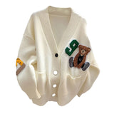 DERMEARNE Womens Long Sleeve Knitted Cardigan Solid Color Cartoon Outfits Button Down V-neck Loose Sweater Coat