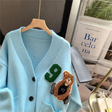 DERMEARNE Womens Long Sleeve Knitted Cardigan Solid Color Cartoon Outfits Button Down V-neck Loose Sweater Coat