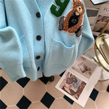 DERMEARNE Womens Long Sleeve Knitted Cardigan Solid Color Cartoon Outfits Button Down V-neck Loose Sweater Coat