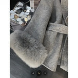 DERMEARNE Wool & Blends Overcoats Women Faux Fur Long Sleeve Coat Office Lady Trench Winter Clothes Top Grey Jackets Vintage Streetwear