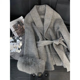 DERMEARNE Wool & Blends Overcoats Women Faux Fur Long Sleeve Coat Office Lady Trench Winter Clothes Top Grey Jackets Vintage Streetwear