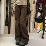DERMEARNE Y2K Aesthetic Brown Spliced Flare Jeans Women High Waist Streetwear Cargo Jean Pants Vintage Denim Trousers Grunge Pantalones