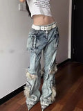 DERMEARNE Y2K American New Mao Mao Stitching Multi-pocket Tooling Jeans Women Streetwear Vintage Hip Hop Spice Girls Micro-pull Mop Pants