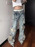 DERMEARNE Y2K American New Mao Mao Stitching Multi-pocket Tooling Jeans Women Streetwear Vintage Hip Hop Spice Girls Micro-pull Mop Pants