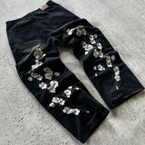 DERMEARNE Y2K Baggy Jeans Harajuku vintage cherry blossom Embroidery high quality jeans streetwear Hip Hop gothic men women wide leg jeans
