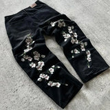DERMEARNE Y2K Baggy Jeans Harajuku vintage cherry blossom Embroidery high quality jeans streetwear Hip Hop gothic men women wide leg jeans