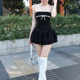 DERMEARNE Y2K Coquette Bownot Strapless Dress Korean Women's Summer Mini Party Dress Sleeveless Off Shoulder Lace Trim Tube Top Dress