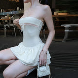 DERMEARNE Y2K Coquette Bownot Strapless Dress Korean Women's Summer Mini Party Dress Sleeveless Off Shoulder Lace Trim Tube Top Dress
