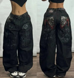 DERMEARNE Y2K Fashion New Skull Embroidered Baggy Jeans Women Streetwear Gothic Vintage Hip Hop Popular Casual High Waist Wide Leg Pants