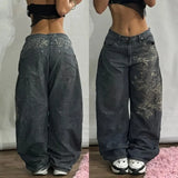 DERMEARNE Y2K Fashion New Skull Embroidered Baggy Jeans Women Streetwear Gothic Vintage Hip Hop Popular Casual High Waist Wide Leg Pants
