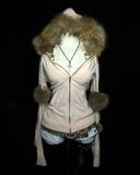 DERMEARNE Y2K Gothic Sweet Pink Zipper Sweatshirt Womens Harajuku Sexy Plush Slim Hoodie Fur Collar Coat Autumn Winter Hot Girl Clothing