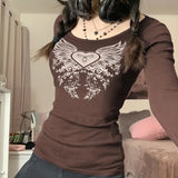 DERMEARNE Y2K Grunge Cyber Mall Goth Thermal T-shirt Skulls Graphic Print Long Sleeve Pullovers Tops Women 90s Vintage Aesthetic Tees