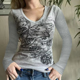 DERMEARNE Y2K Grunge Cyber Mall Goth Thermal T-shirt Skulls Graphic Print Long Sleeve Pullovers Tops Women 90s Vintage Aesthetic Tees