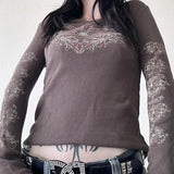 DERMEARNE Y2K Grunge Cyber Mall Goth Thermal T-shirt Skulls Graphic Print Long Sleeve Pullovers Tops Women 90s Vintage Aesthetic Tees