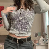 DERMEARNE Y2K Grunge Cyber Mall Goth Thermal T-shirt Skulls Graphic Print Long Sleeve Pullovers Tops Women 90s Vintage Aesthetic Tees