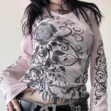 DERMEARNE Y2K Grunge Cyber Mall Goth Thermal T-shirt Skulls Graphic Print Long Sleeve Pullovers Tops Women 90s Vintage Aesthetic Tees