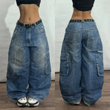 DERMEARNE Y2K Harajuku New Fashion Heavy Industry Multi-pocket Baggy Jeans Women High Street Hip Hop Pop Gothic High Waist Wide Leg Pants
