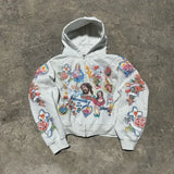 DERMEARNE Y2K Harajuku Retro Oversized Zipper Hoodie Street American Style Cross Print Hoodie Trendy Casual All-match Sweatshirt Jacket