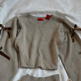 DERMEARNE Y2K Knitted Splicing Two Piece Set for Women Harajuku Fashion Bow Long Sleeved Knitted Sweatshirt Mini Pleated Skirt Autumn Suit