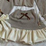 DERMEARNE Y2K Knitted Splicing Two Piece Set for Women Harajuku Fashion Bow Long Sleeved Knitted Sweatshirt Mini Pleated Skirt Autumn Suit