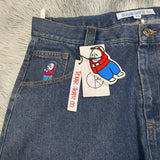 DERMEARNE Y2K Pants Hip Hop Cartoon Streetwear Polar Big Boy Jeans Embroidery Retro Blue Baggy Jeans Mens Womens High Waist Wide Trouser