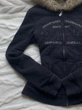 DERMEARNE Y2K Retro Harajuku Letter Embroidery Plush Dark Zipper Hooded Sweatshirt for Women's Autumn and Winter 2000s Fashion Jacket