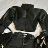 DERMEARNE Y2K Women Streetwear Heart Shape Leather Outfit Two Piece Harajuku Gothic Jacket Cropped Denim Patchwork Pleated Mini Skirt Suit