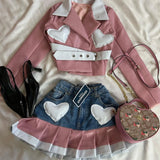 DERMEARNE Y2K Womens Streetwear Heart Shaped Leather Clothing Two Piece Set Gothic Punk Pink Jacket Cut Denim Patchwork Pleated Mini Skirt