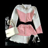 DERMEARNE Y2K Womens Streetwear Heart Shaped Leather Clothing Two Piece Set Gothic Punk Pink Jacket Cut Denim Patchwork Pleated Mini Skirt