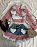 DERMEARNE Y2K Womens Streetwear Heart Shaped Leather Clothing Two Piece Set Gothic Punk Pink Jacket Cut Denim Patchwork Pleated Mini Skirt