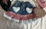 DERMEARNE Y2K Womens Streetwear Heart Shaped Leather Clothing Two Piece Set Gothic Punk Pink Jacket Cut Denim Patchwork Pleated Mini Skirt