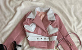 DERMEARNE Y2K Womens Streetwear Heart Shaped Leather Clothing Two Piece Set Gothic Punk Pink Jacket Cut Denim Patchwork Pleated Mini Skirt