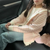 DERMEARNE Y2k Aesthetic Cartoon Embroidery Hooded Cardigans Casual Grunge Contrast Color Stripe Tops Worean Japanese Loose Zipper Sweater
