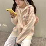 DERMEARNE Y2k Aesthetic Cartoon Embroidery Hooded Cardigans Casual Grunge Contrast Color Stripe Tops Worean Japanese Loose Zipper Sweater