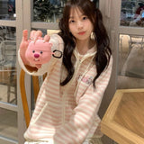 DERMEARNE Y2k Aesthetic Cartoon Embroidery Hooded Cardigans Casual Grunge Contrast Color Stripe Tops Worean Japanese Loose Zipper Sweater