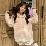 DERMEARNE Y2k Aesthetic Cartoon Embroidery Hooded Cardigans Casual Grunge Contrast Color Stripe Tops Worean Japanese Loose Zipper Sweater