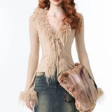 DERMEARNE Y2k Aesthetic V-neck Jacket Women Korean Sexy Fashion Cardigan  Harajuku Vintage Bandage Fur Patchwork Coat 2025 Spring Chic