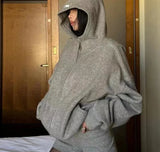 DERMEARNE Y2k American Casual Sports Suit Lazy Hooded Cardigan Solid Color Loose Sweater Jacket Tight Shorts Gray Two Piece Set for Women