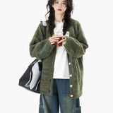 DERMEARNE Y2k Harajuku Vintage Cardigan Single Breasted Striped V Neck Autumn Winter Sweaters Knit Coat American Streetwear Women Clothing